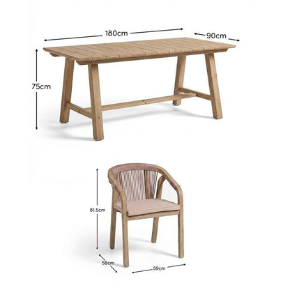 Shiro 6 Seater Wooden Garden Dining Set with Shiro Pink Rope Dining Chairs - 180cm - Laura James