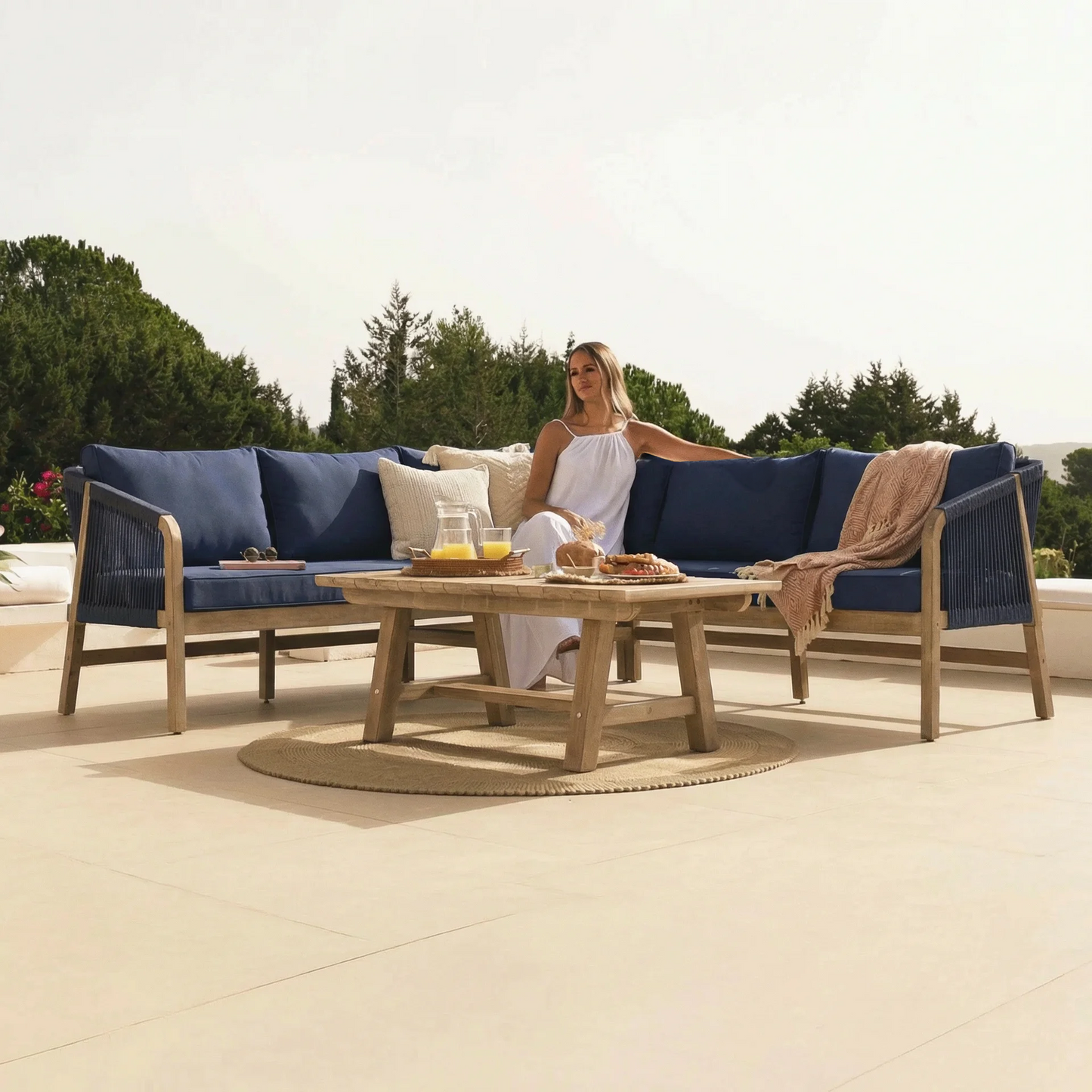 Shiro 5 Seater Wooden Garden Corner Sofa with Shiro Coffee Table - Navy - Laura James