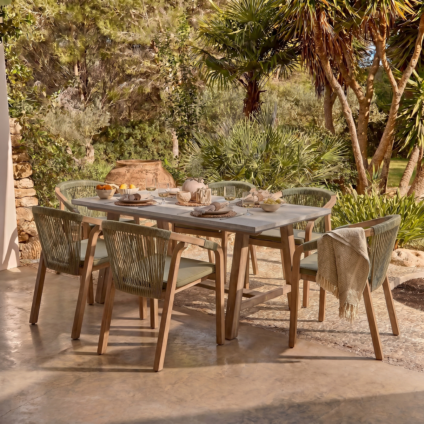 Shiro Pale Grey Concrete Dining Table Set - 6 Seater - Shiro Green Rope Dining Chairs