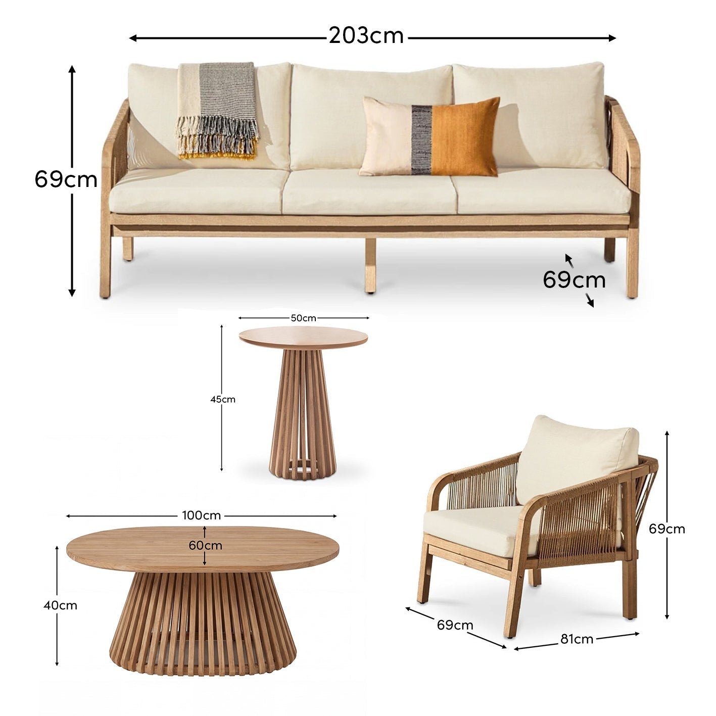 Shiro Wooden Garden Set with 3 Seater Sofa - 2 Shiro Sand Armchairs - Willow Coffee & Side Table - Laura James