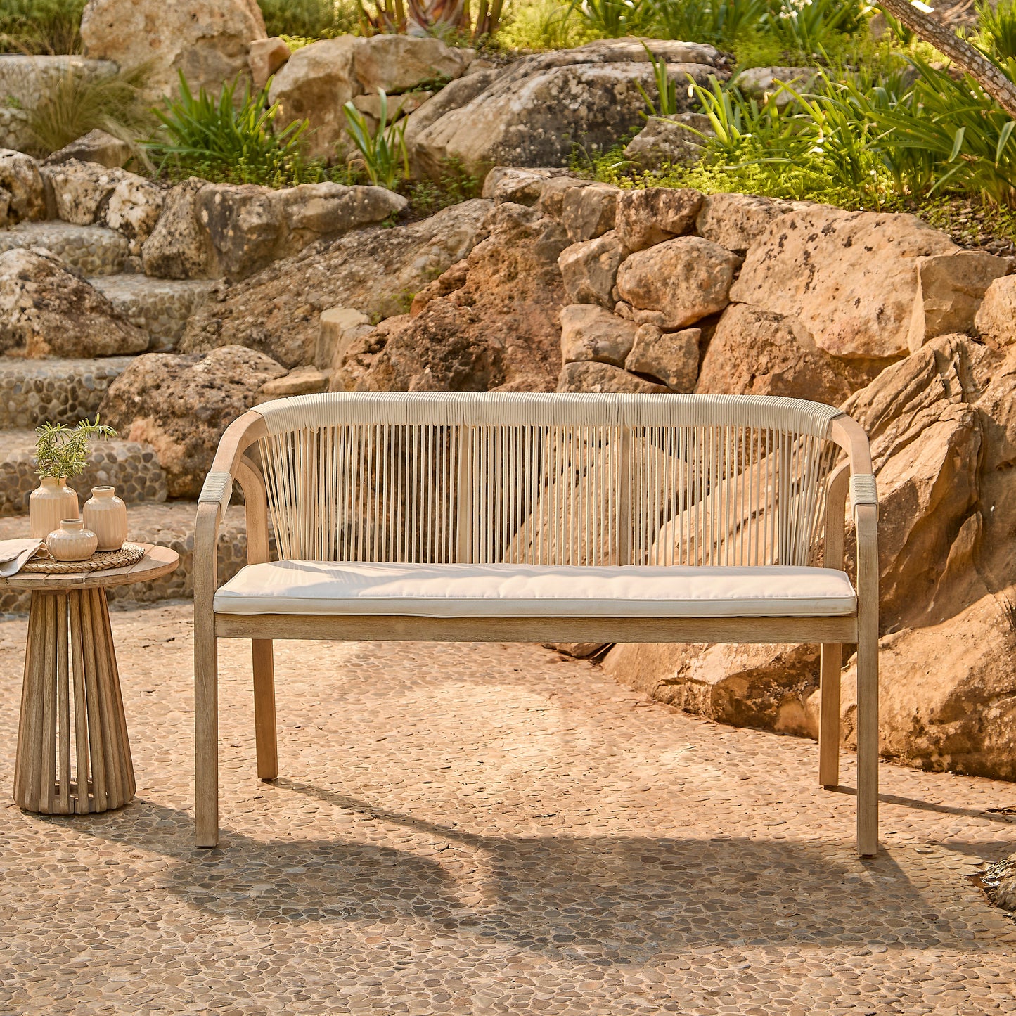 Shiro Wooden Garden Bench - Beige Rope - Laura James