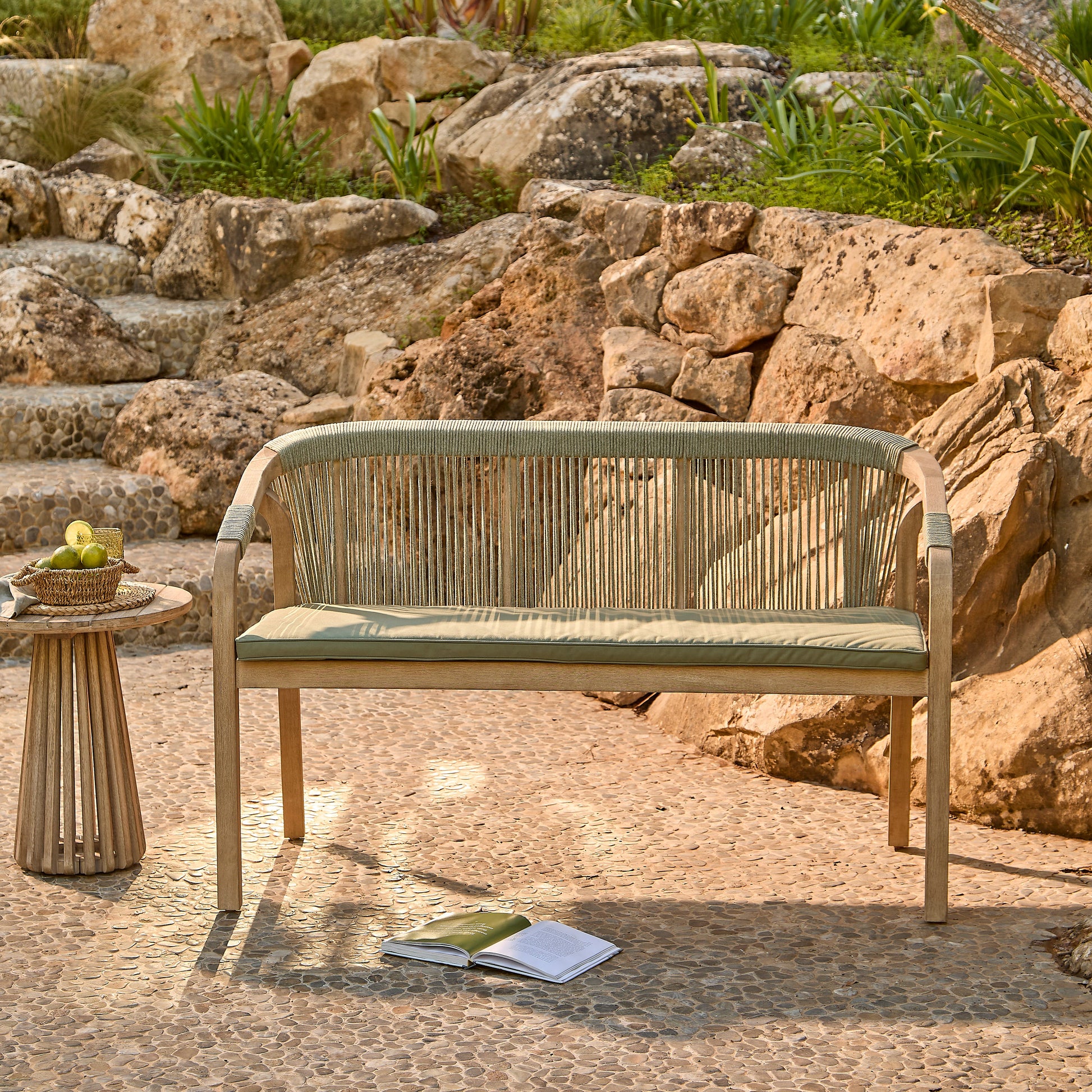 Shiro Wooden Garden Bench - Green Rope - Laura James