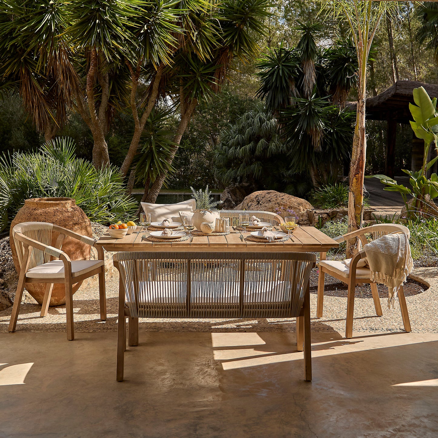 Shiro 6 Seater Wooden Garden Dining Set with 2 Shiro Benches & 2 Shiro Chairs - Beige Rope - Laura James
