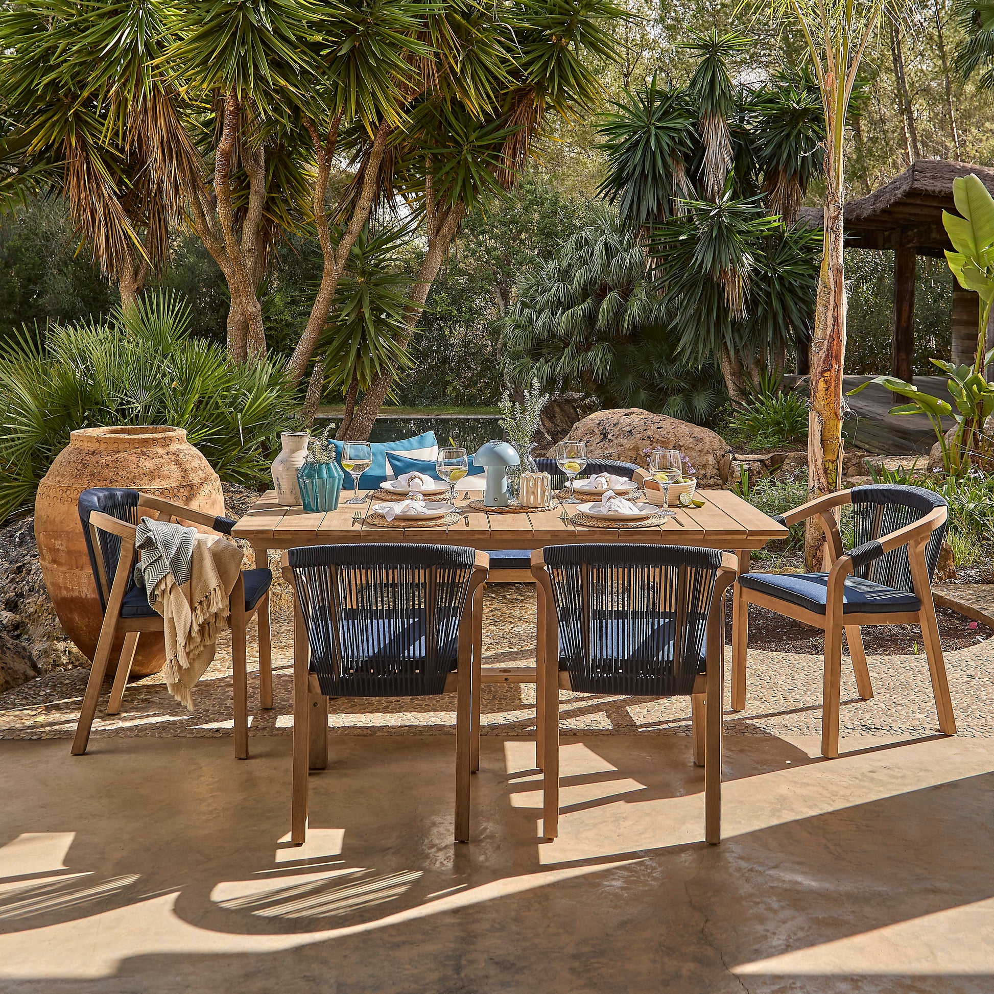 Shiro Navy Rope Wooden Garden Chairs - Set of 2 - Laura James