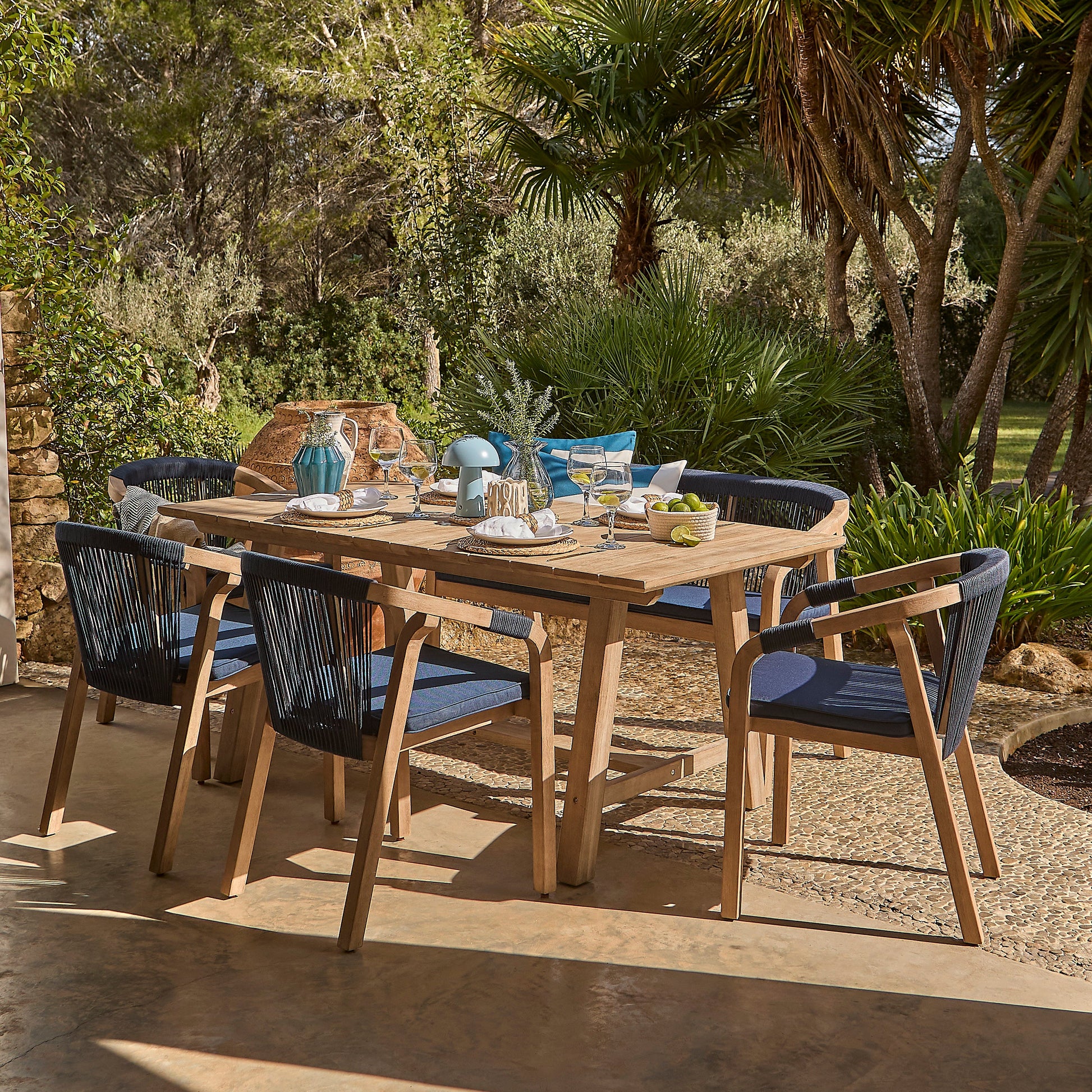 Shiro Navy Rope Wooden Garden Chairs - Set of 2 - Laura James