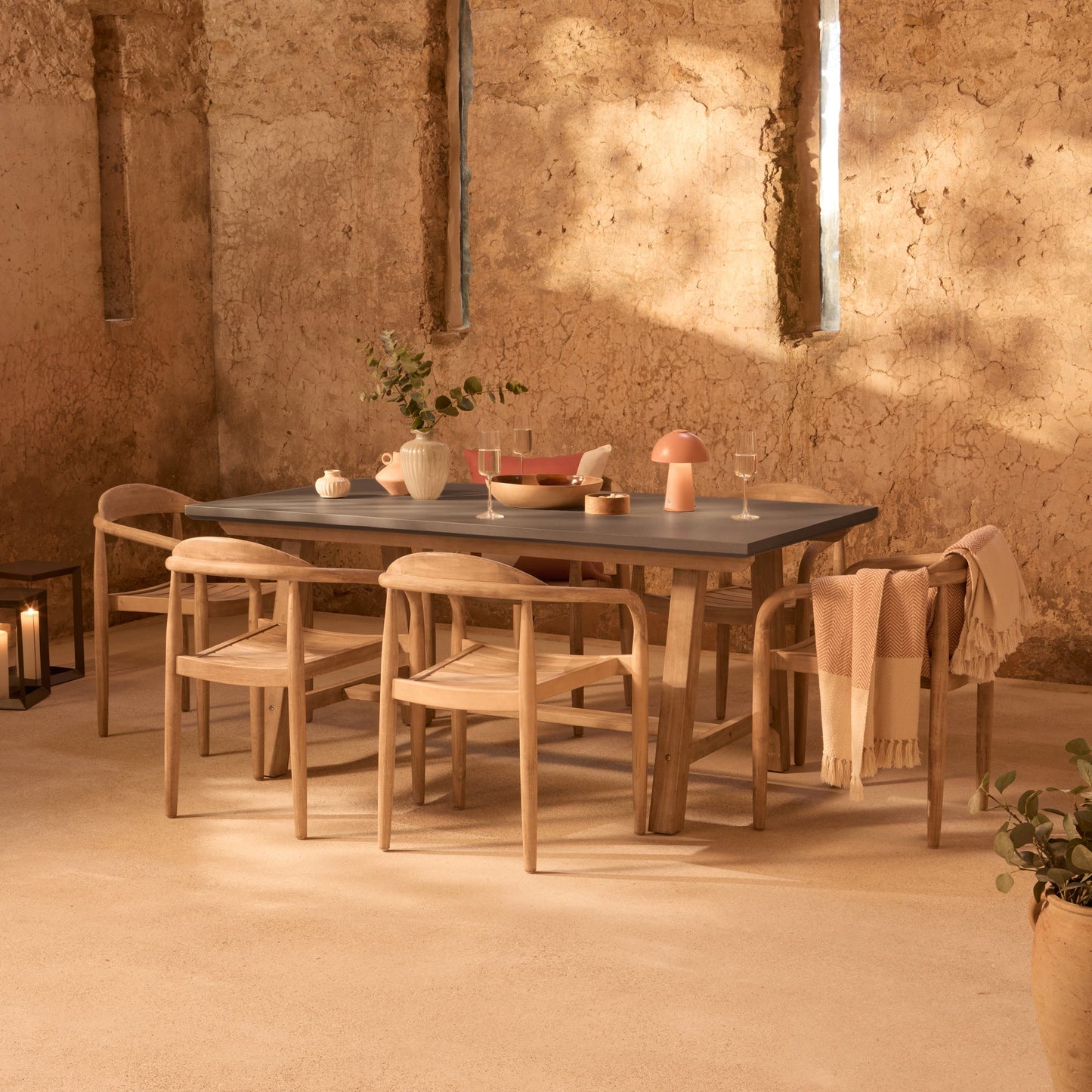 Shiro 180cm Dove Grey Concrete Dining Table Set - 6 Seater - Sasha Brushed Light Acacia Dining Chairs - Laura James