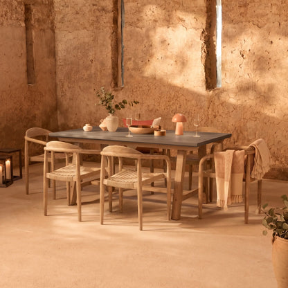Shiro 180cm Dove Grey Concrete Dining Table Set - 6 Seater - Sasha Rope Dining Chairs - Brushed Light Acacia