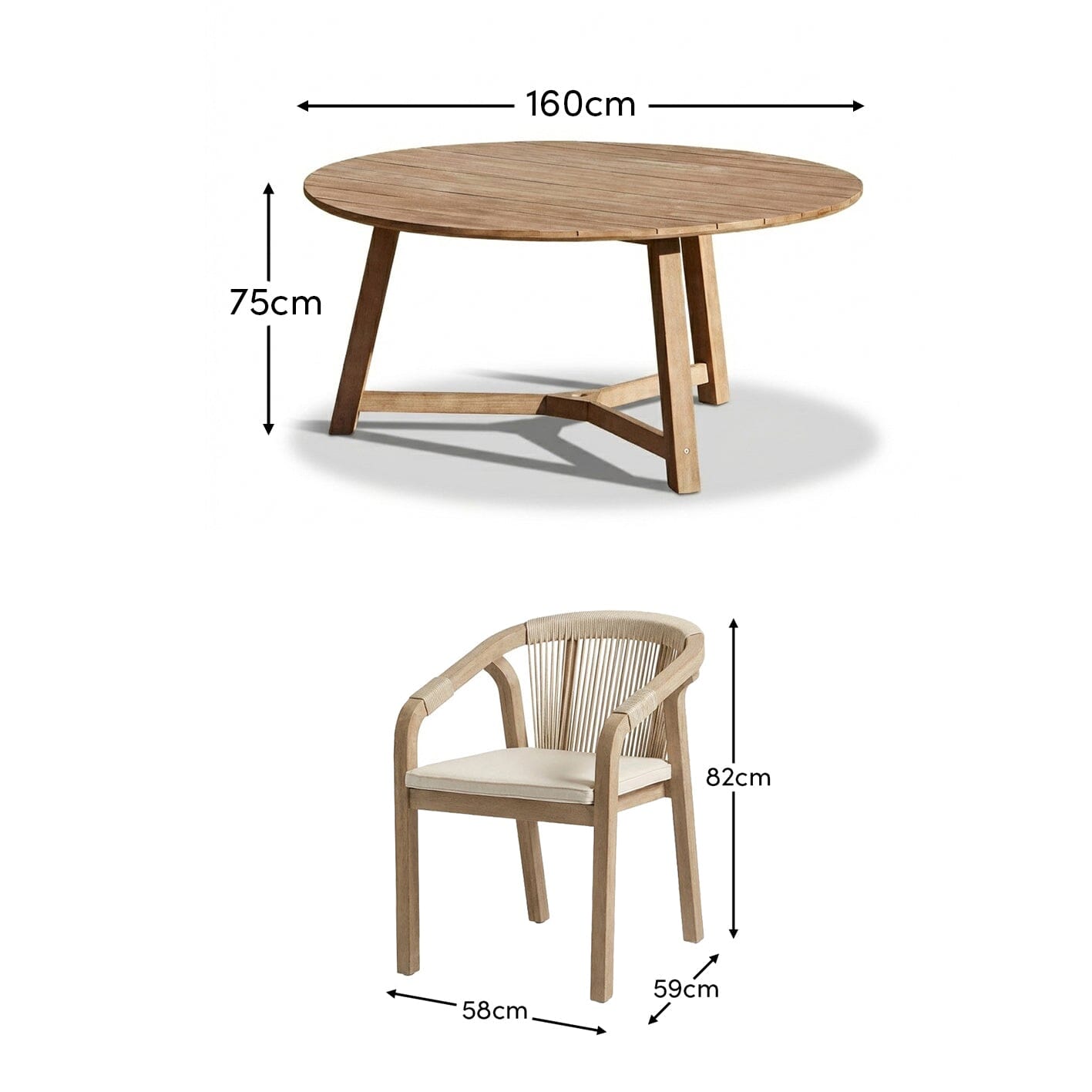 Shiro 6 Seater Round Wooden Garden Dining Set with Shiro Beige Rope Dining Chairs - 160cm - Laura James