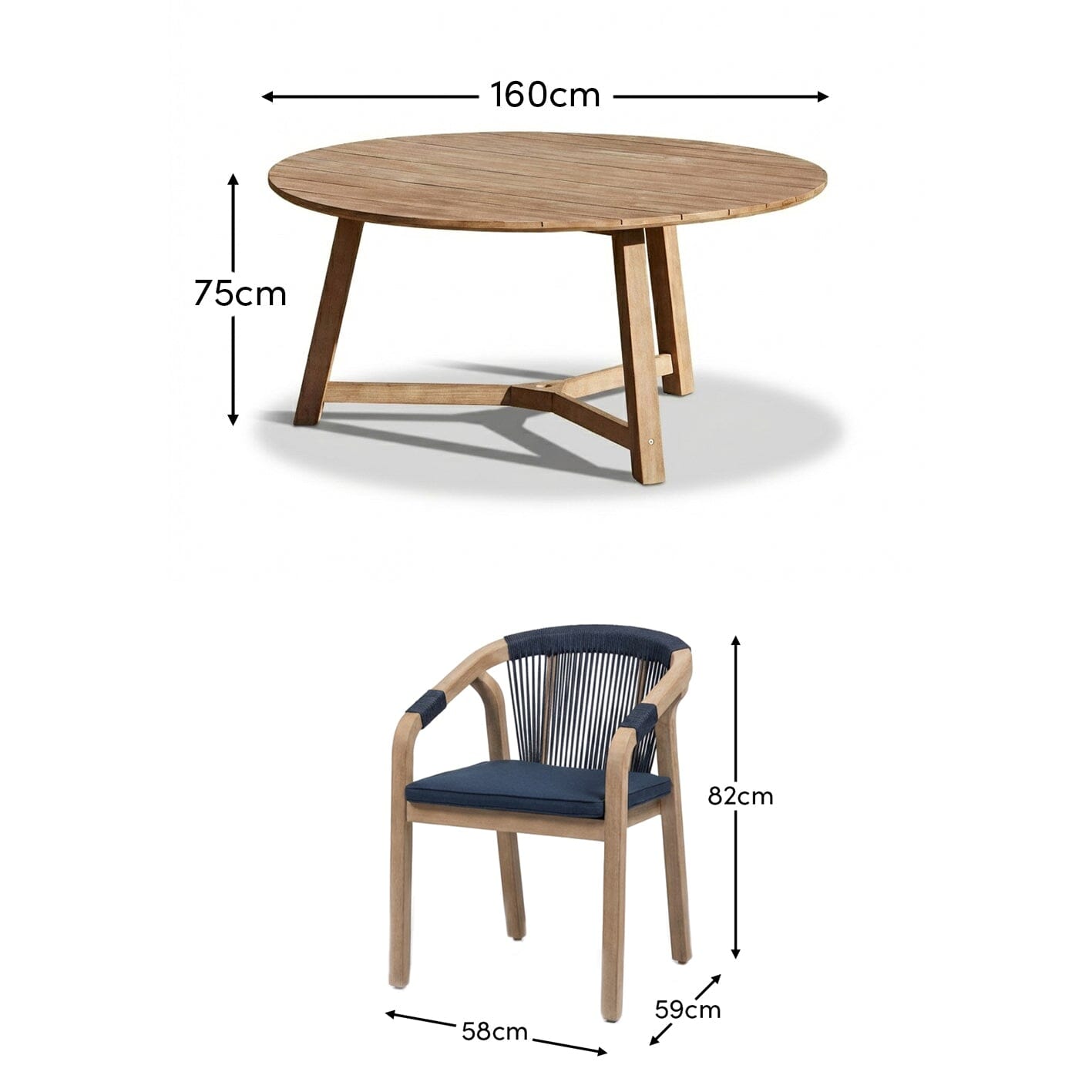 Shiro 6 Seater Round Wooden Garden Dining Set with Shiro Navy Rope Dining Chairs -160cm - Laura James