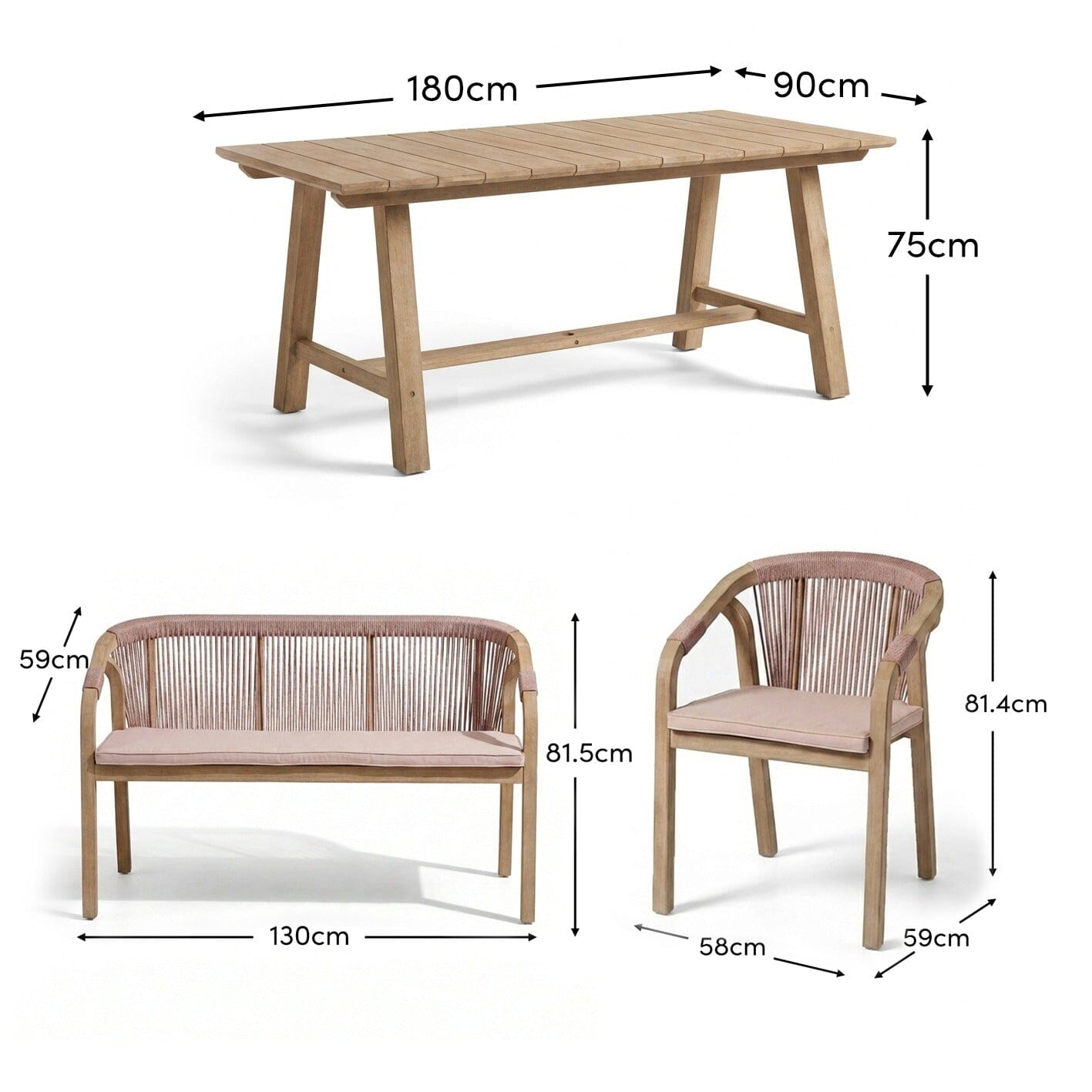 Shiro 6 Seater Wooden Garden Dining Set with 2 Shiro Benches & 2 Shiro Chairs - Pink Rope - Laura James