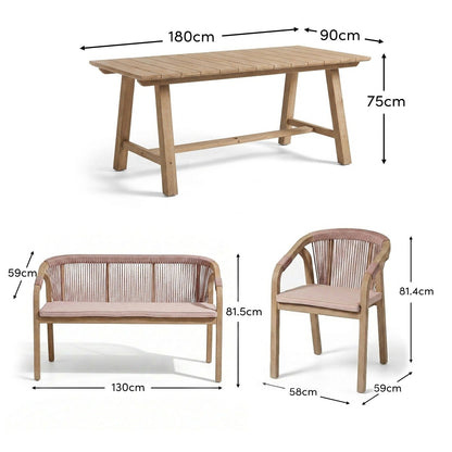 Shiro 6 Seater Wooden Garden Dining Set with 2 Shiro Benches & 2 Shiro Chairs - Pink Rope - Laura James