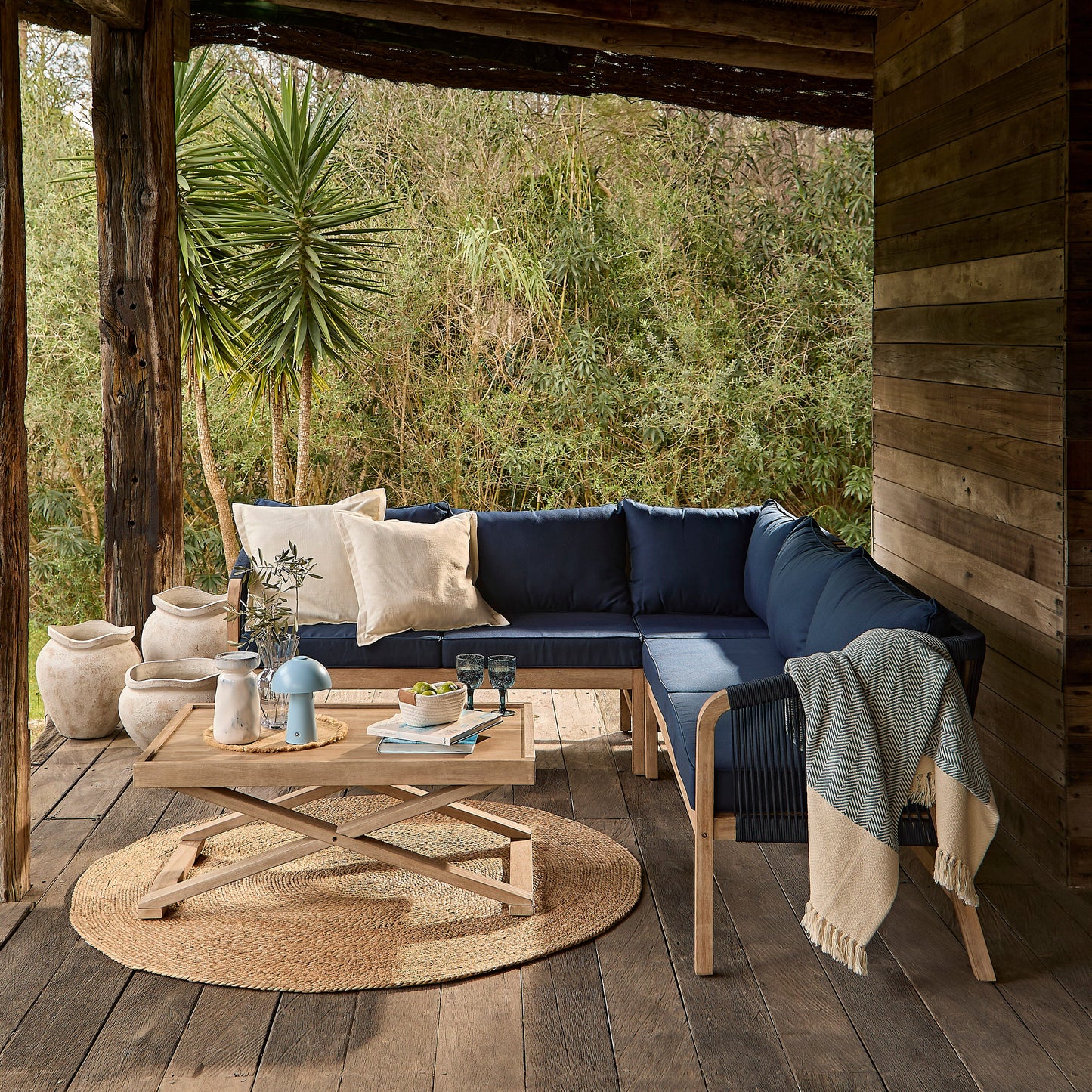 Shiro Corner Sofa with Navy Cushions with Akira Coffee Table Set - Laura James