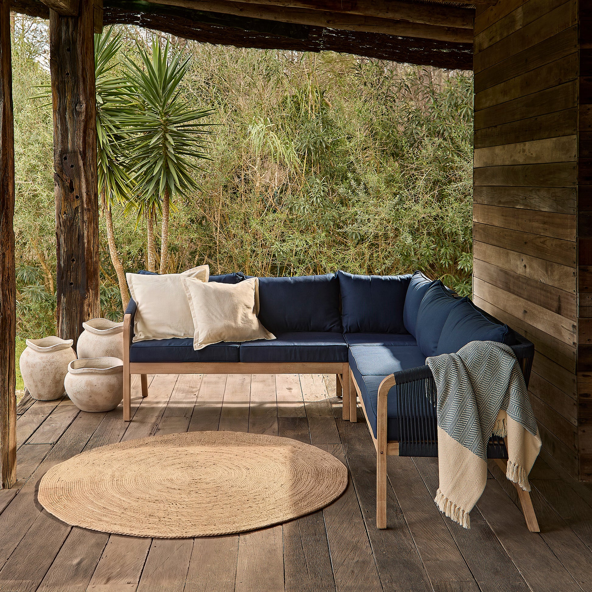 Shiro Brushed Light Acacia Garden Corner Sofa - Navy Rope - Laura James Ireland 