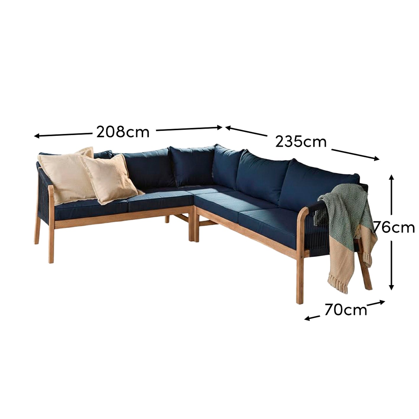 Shiro Brushed Light Acacia Garden Corner Sofa - Navy Rope - Laura James Ireland 