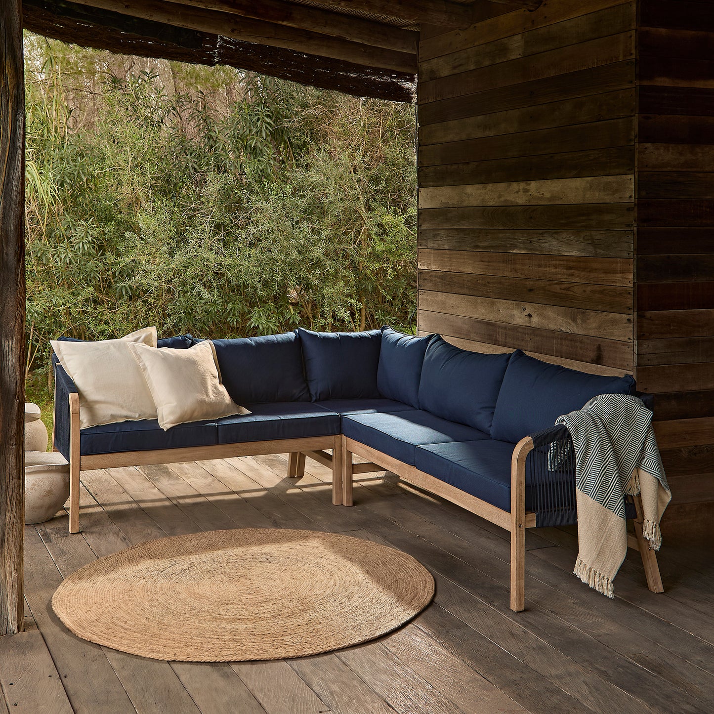 Shiro Brushed Light Acacia Garden Corner Sofa - Navy Rope - Laura James Ireland 