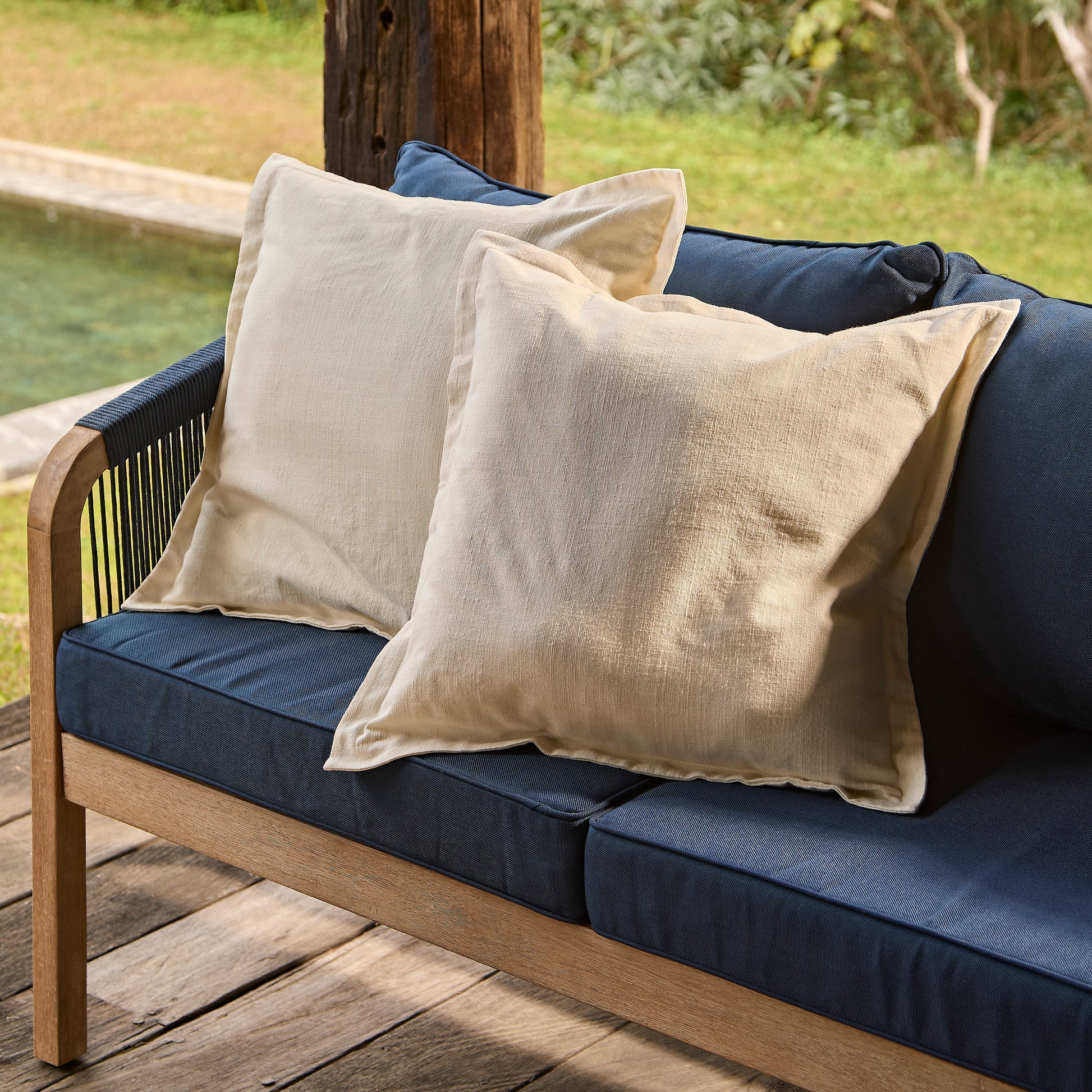 Shiro Brushed Light Acacia Garden Corner Sofa - Navy Rope - Laura James Ireland 