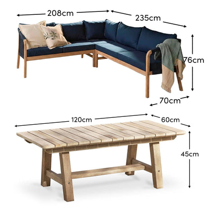 Shiro 5 Seater Wooden Garden Corner Sofa with Shiro Coffee Table - Navy - Laura James
