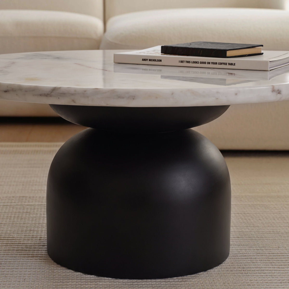 Sorrell 75cm Round Jet Black Mango Wood & White Marble Coffee Table