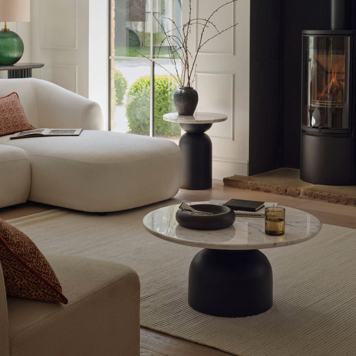 Sorrell 75cm Round Jet Black Mango Wood & White Marble Coffee Table