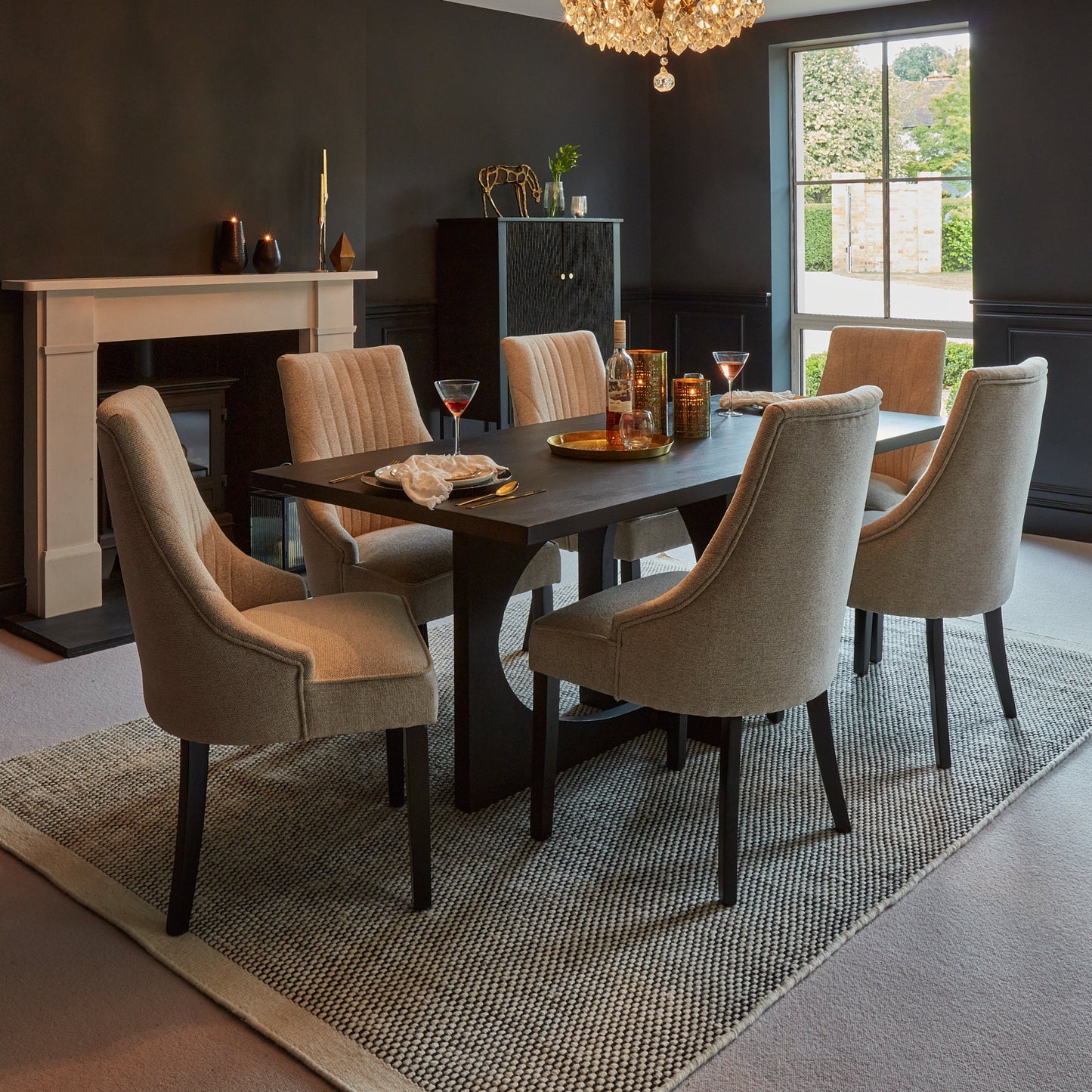 Jade Jet Black Rectangular Acacia Dining Table Set - 6 Seater - Nadine Soft Taupe Dining Chairs with Black Legs