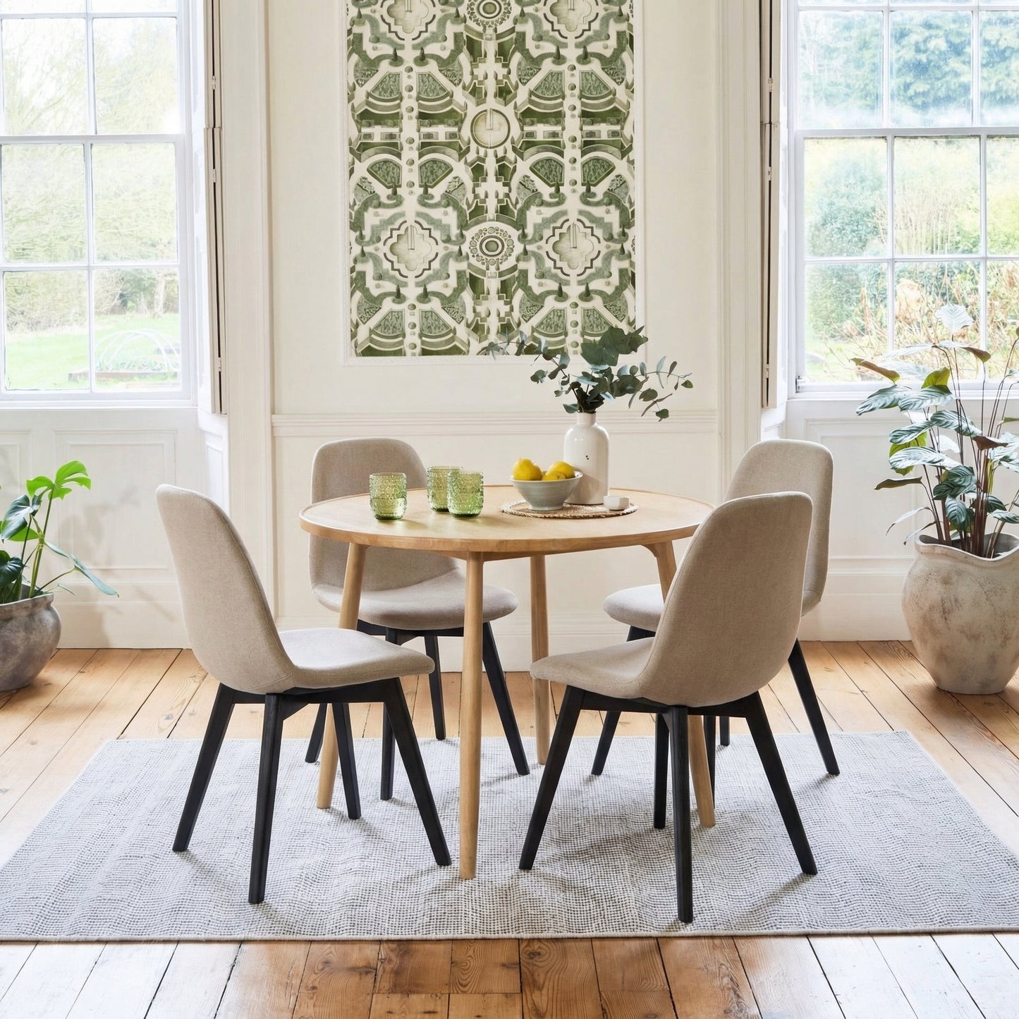 Tilly 100cm Round Dining Table - 4 Seater - Ellis Soft Beige Dining Chairs - Black Oak Legs