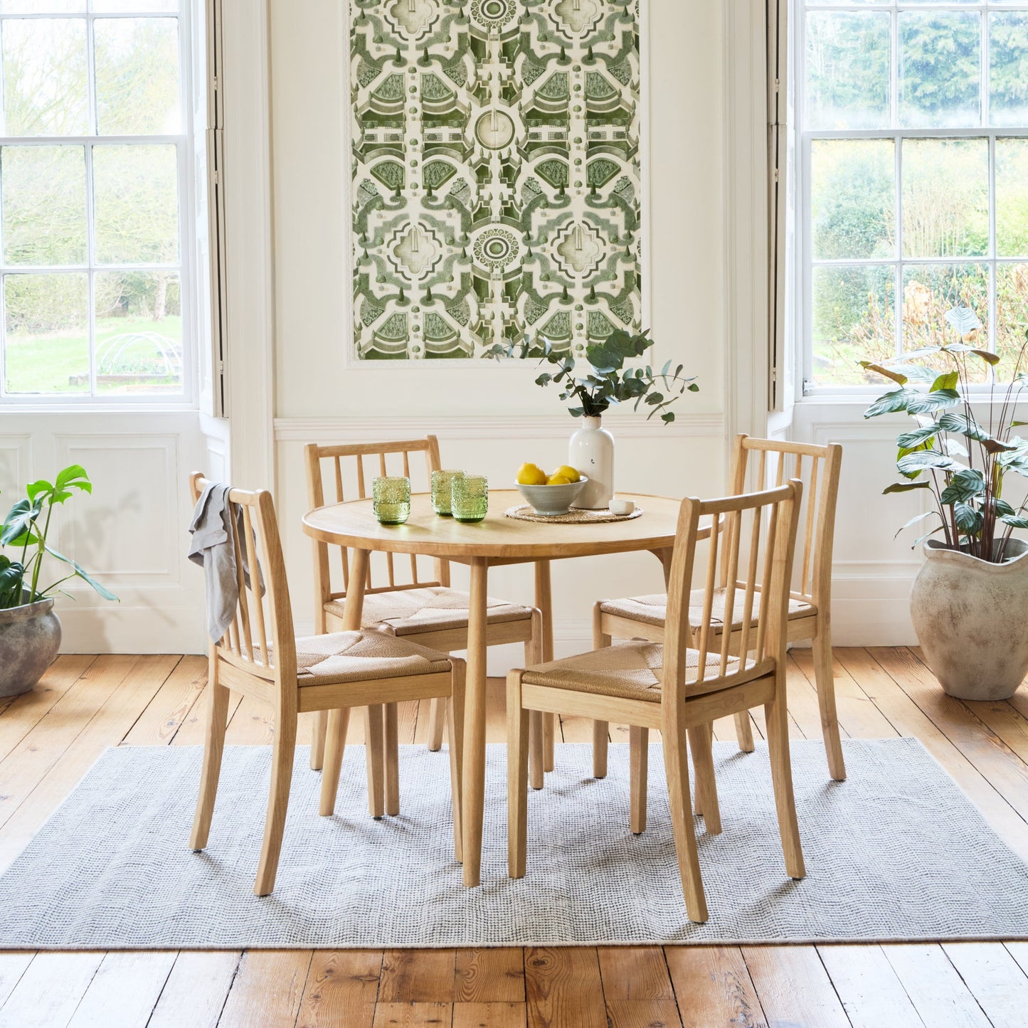 Tilly 100cm Round Dining Table - 4 Seater - Tilly Dining Chairs - Whitewash Oak & Natural String - Laura James