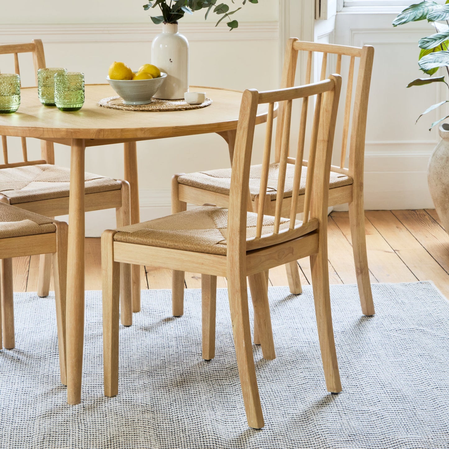 Tilly 100cm Round Dining Table - 4 Seater - Tilly Dining Chairs - Whitewash Oak & Natural String - Laura James
