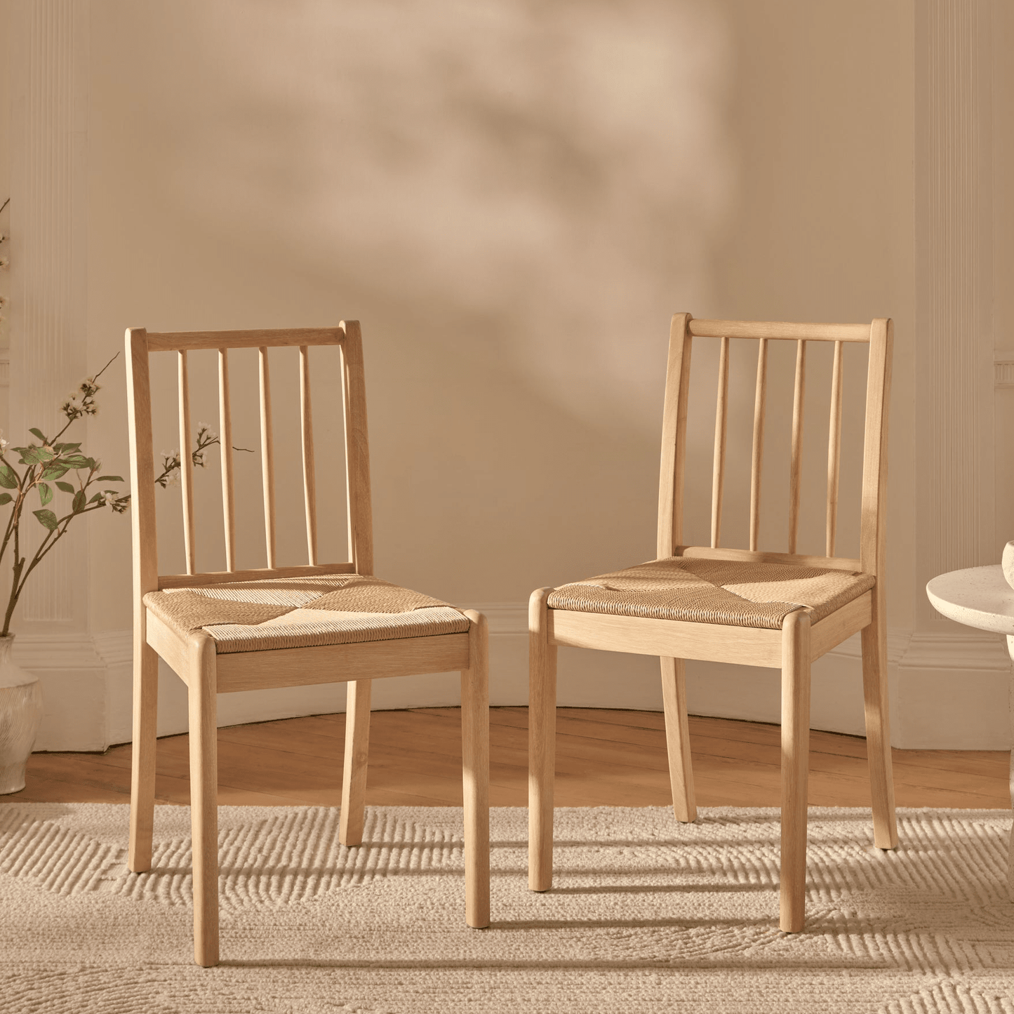 Noah 160-240cm Whitewash Oak Rectangular Extending Dining Table Set - 6 Seater - Tilly Woven Dining Chairs