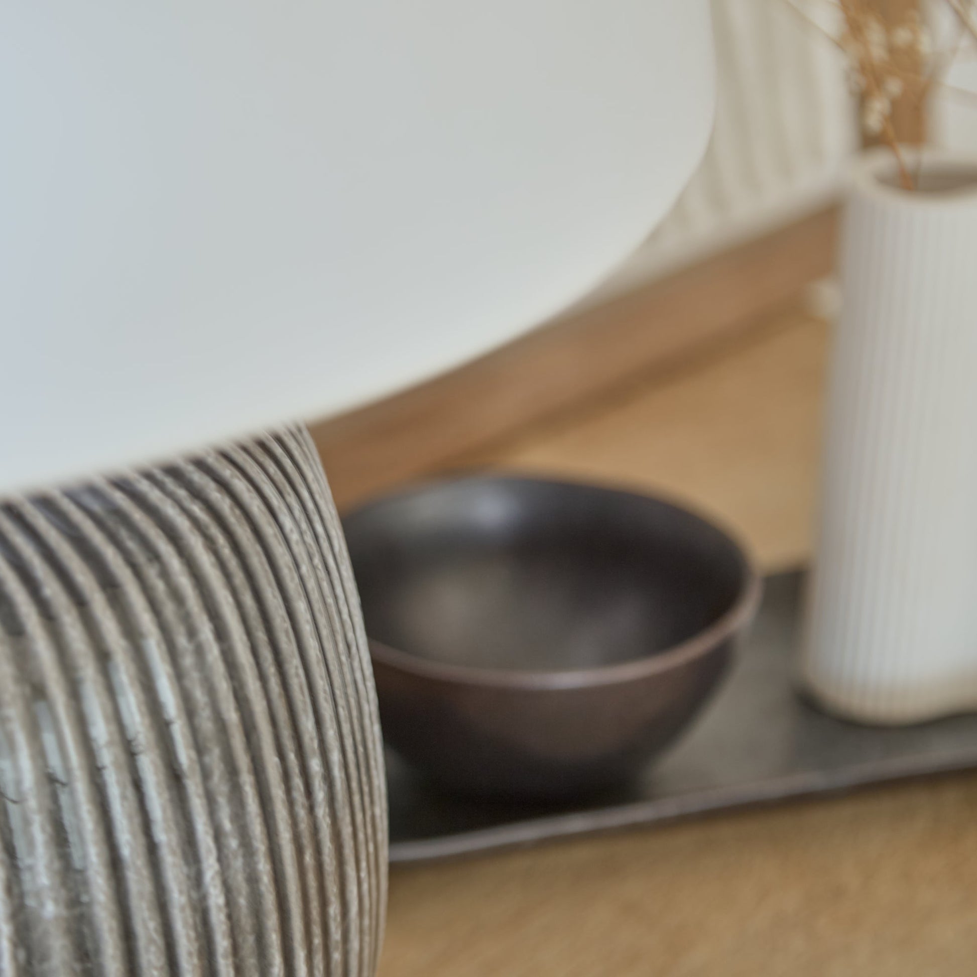 Tongham 31cm Ceramic Lamp Base - Dark Grey & Coningsby 40cm Cotton Lamp Shade - Snow White - Laura James