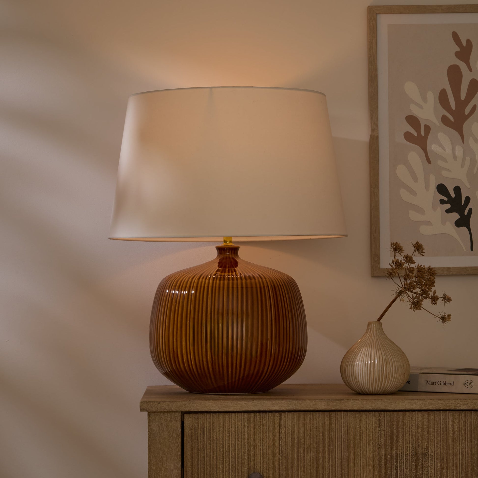 Tongham 31cm Ceramic Lamp Base - Saffron Yellow & Coningsby 40cm Cotton Lamp Shade - Snow White - Laura James