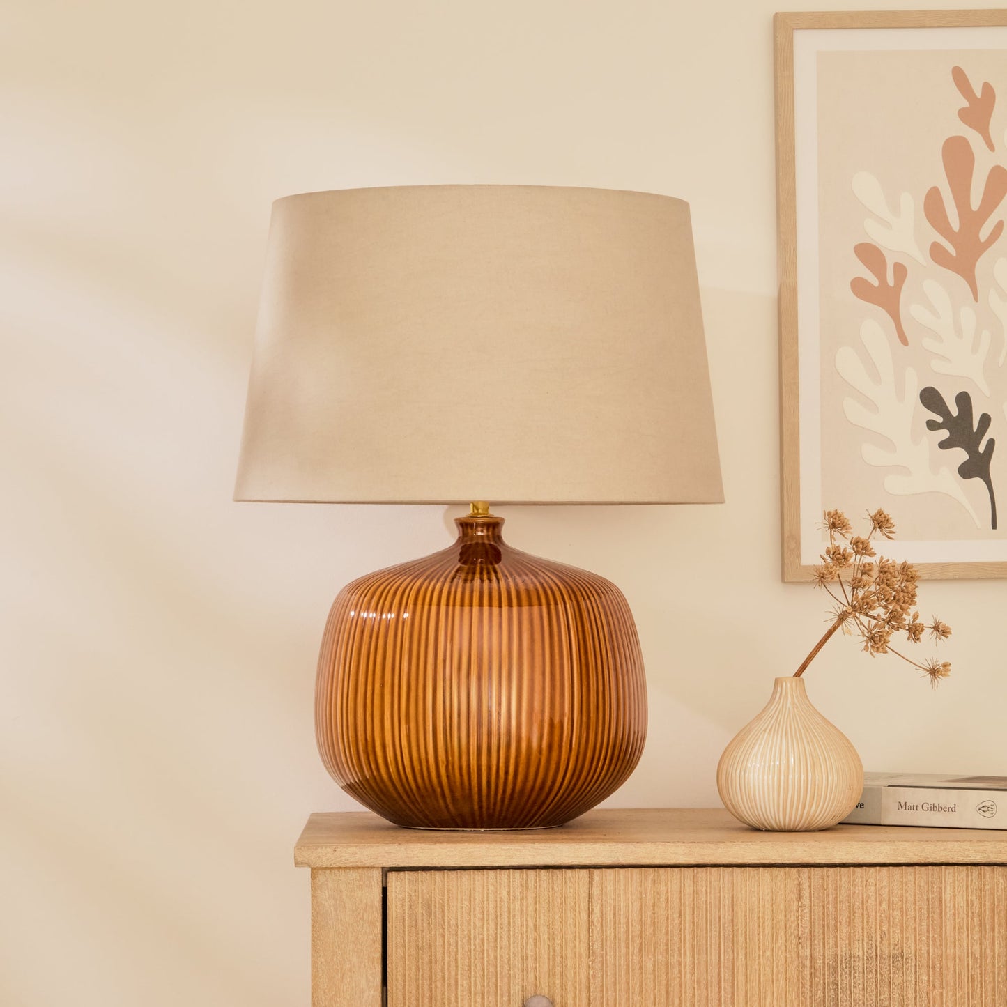 Tongham 31cm Ceramic Lamp Base - Saffron Yellow & Coningsby 40cm Cotton Lamp Shade - Taupe - Laura James
