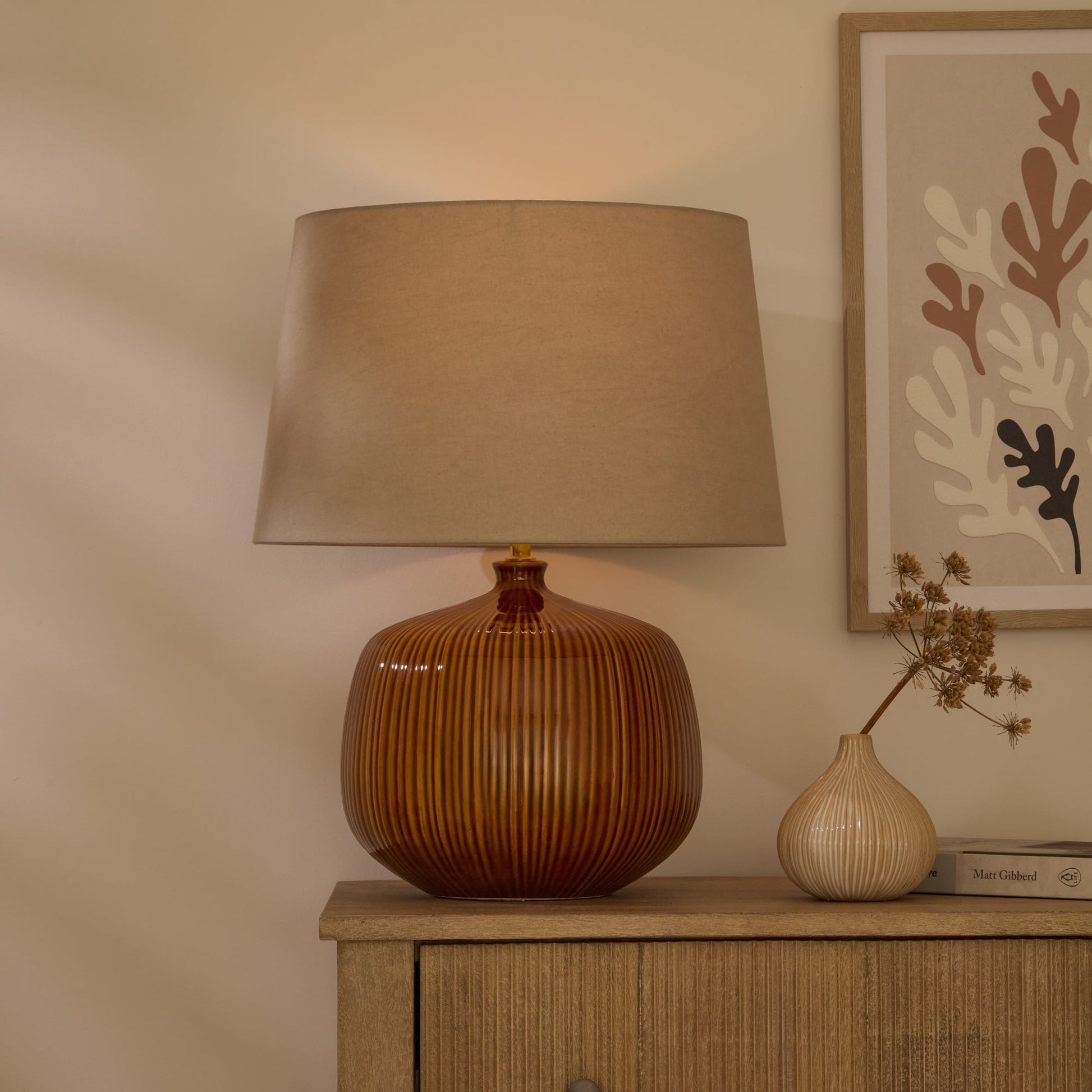 Tongham 31cm Ceramic Lamp Base - Saffron Yellow & Coningsby 40cm Cotton Lamp Shade - Taupe - Laura James