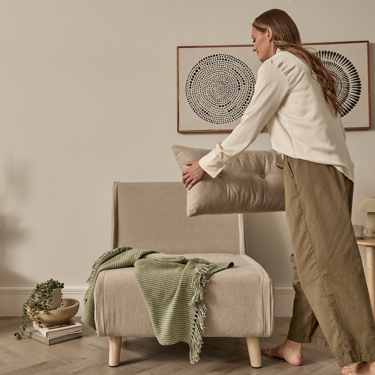 Una Single Sofa Bed -  Soft Beige with Pale Oak Legs - Laura James 