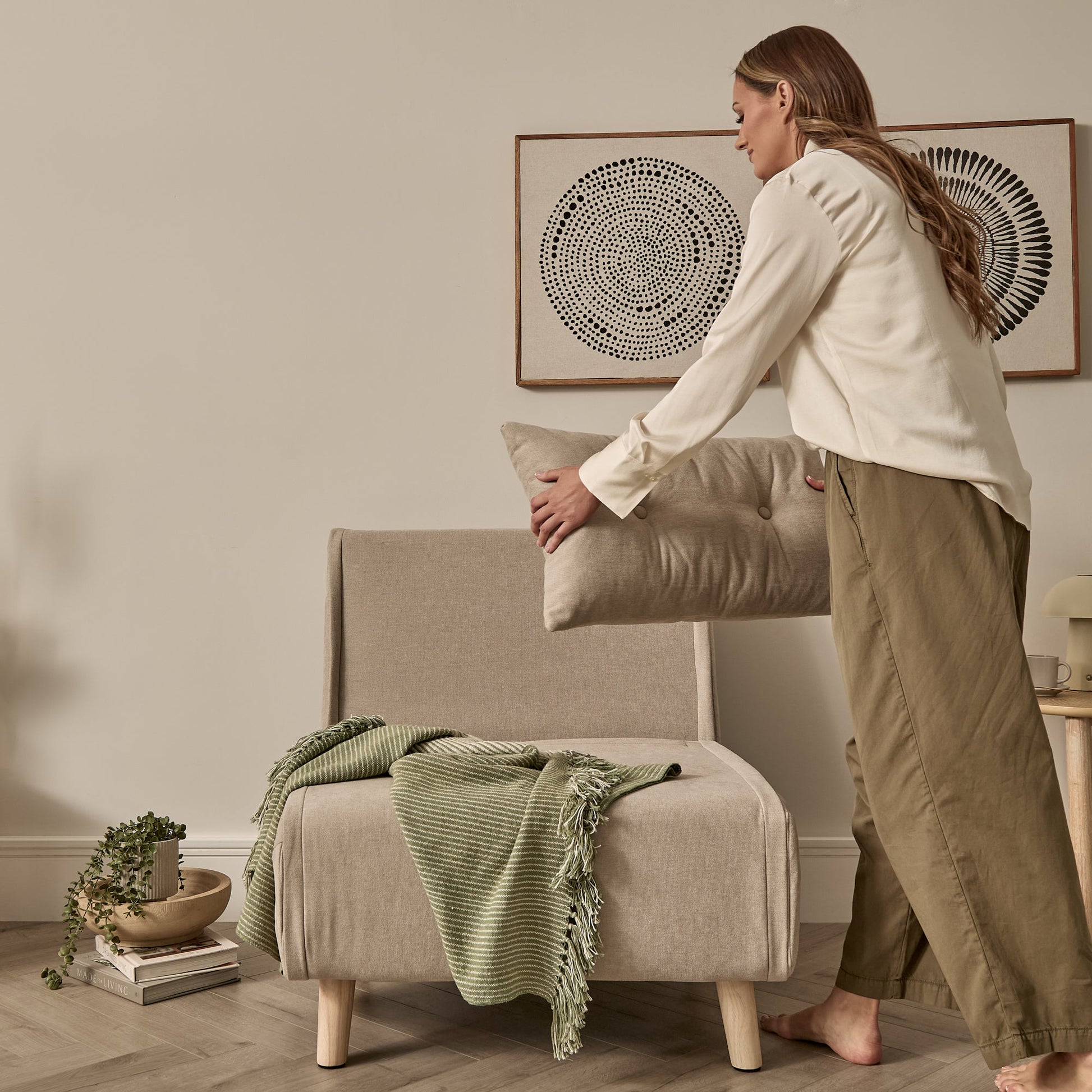 Una Single Sofa Bed -  Soft Beige with Pale Oak Legs - Laura James 