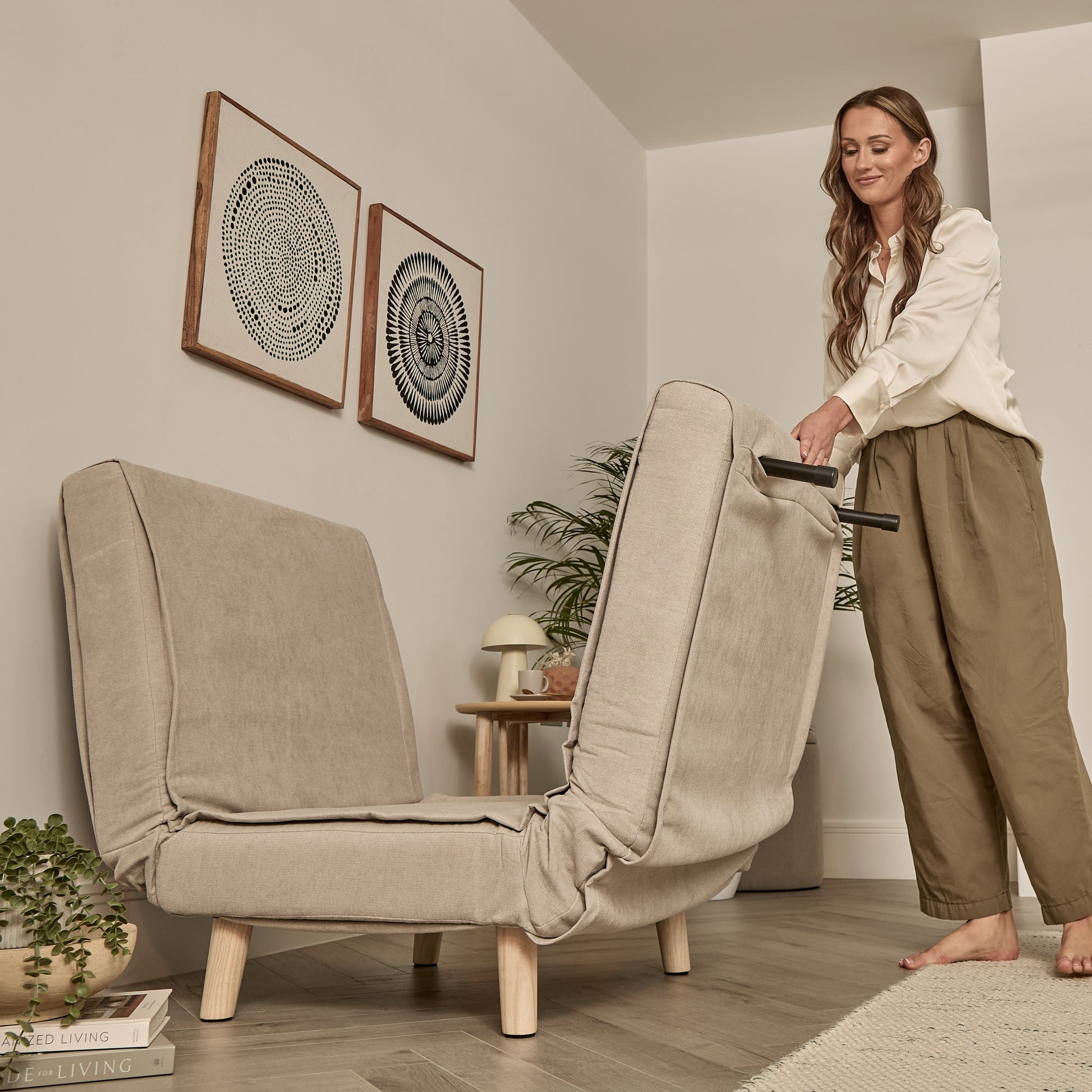 Una Single Sofa Bed -  Soft Beige with Pale Oak Legs - Laura James 