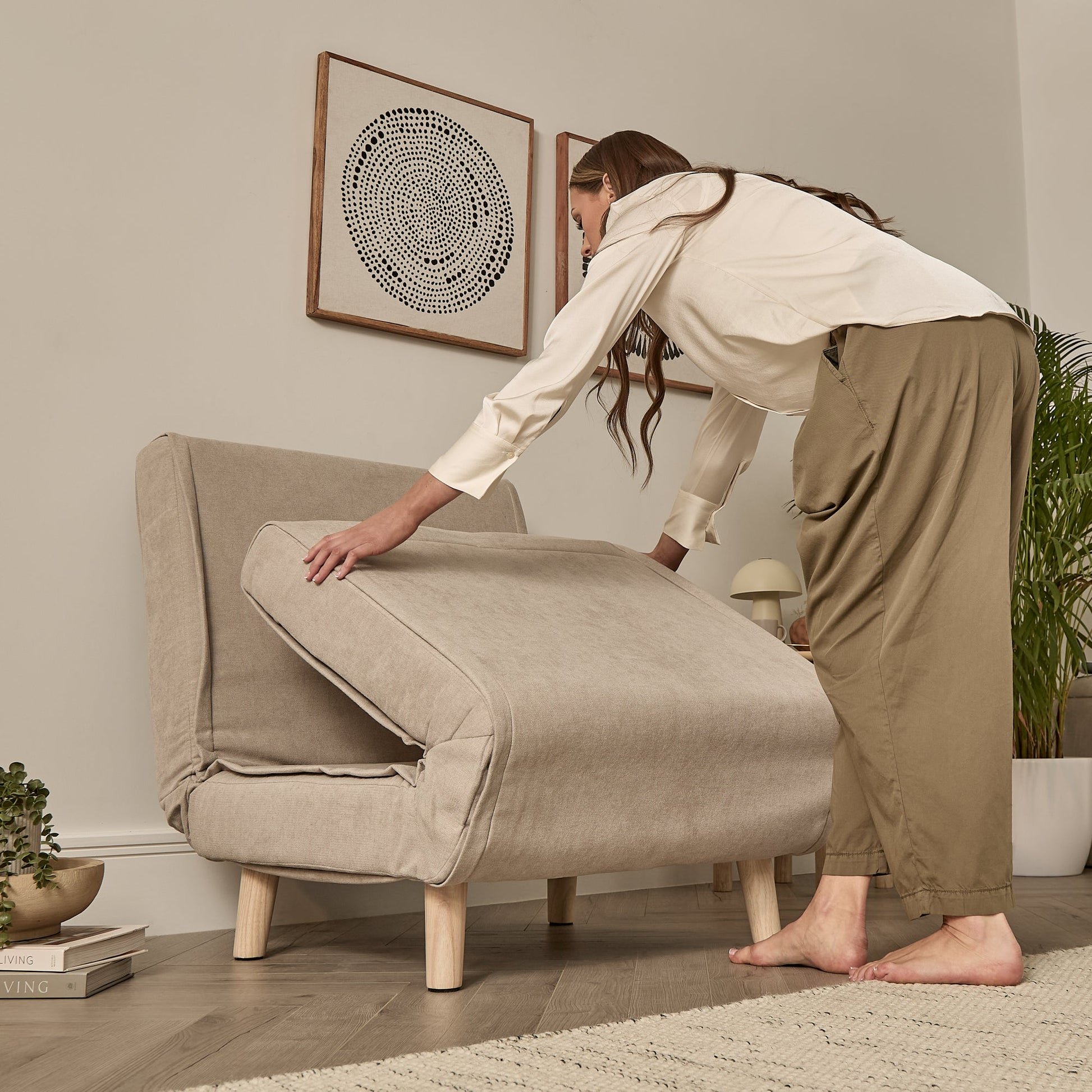 Una Single Sofa Bed -  Soft Beige with Pale Oak Legs - Laura James 