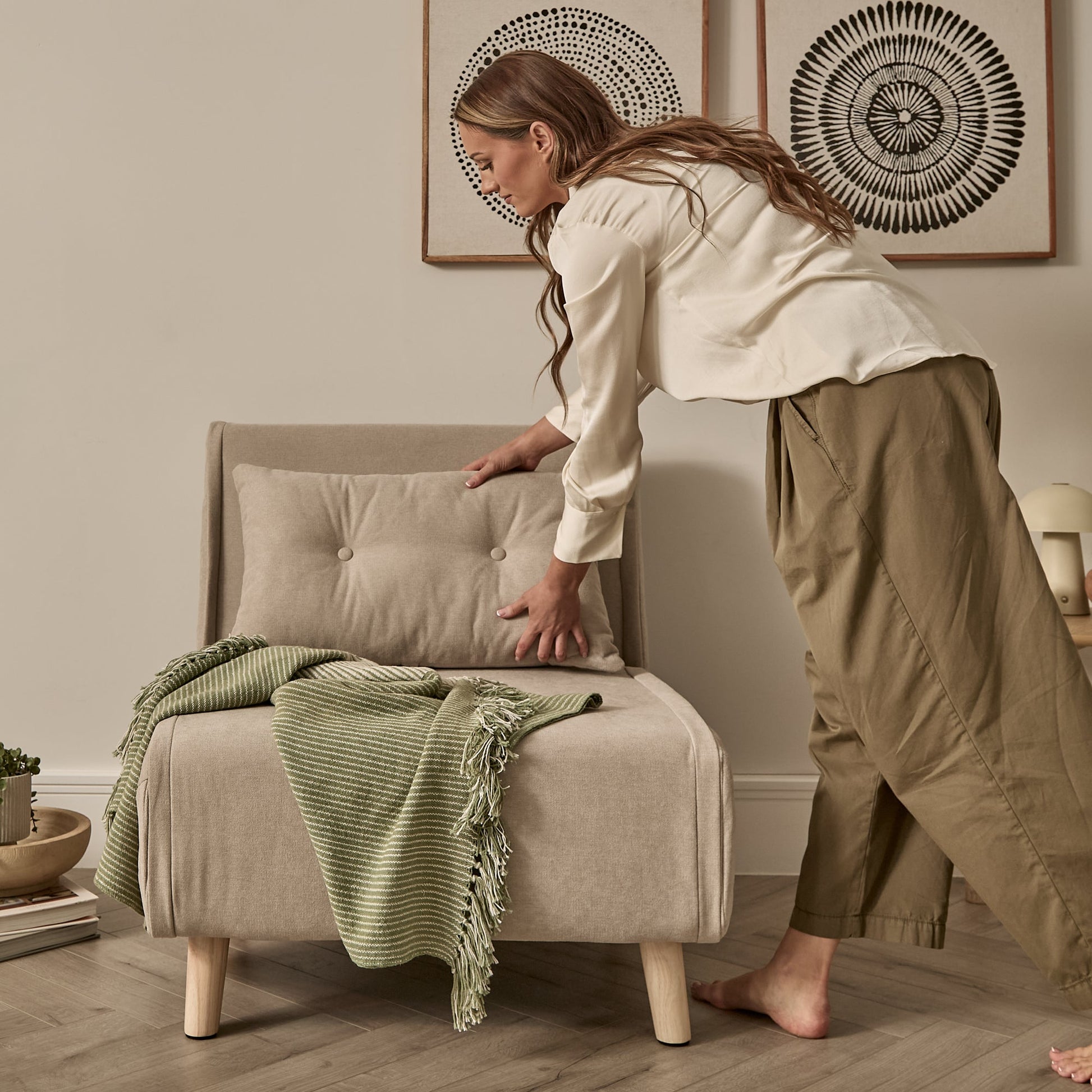 Una Single Sofa Bed -  Soft Beige with Pale Oak Legs - Laura James 