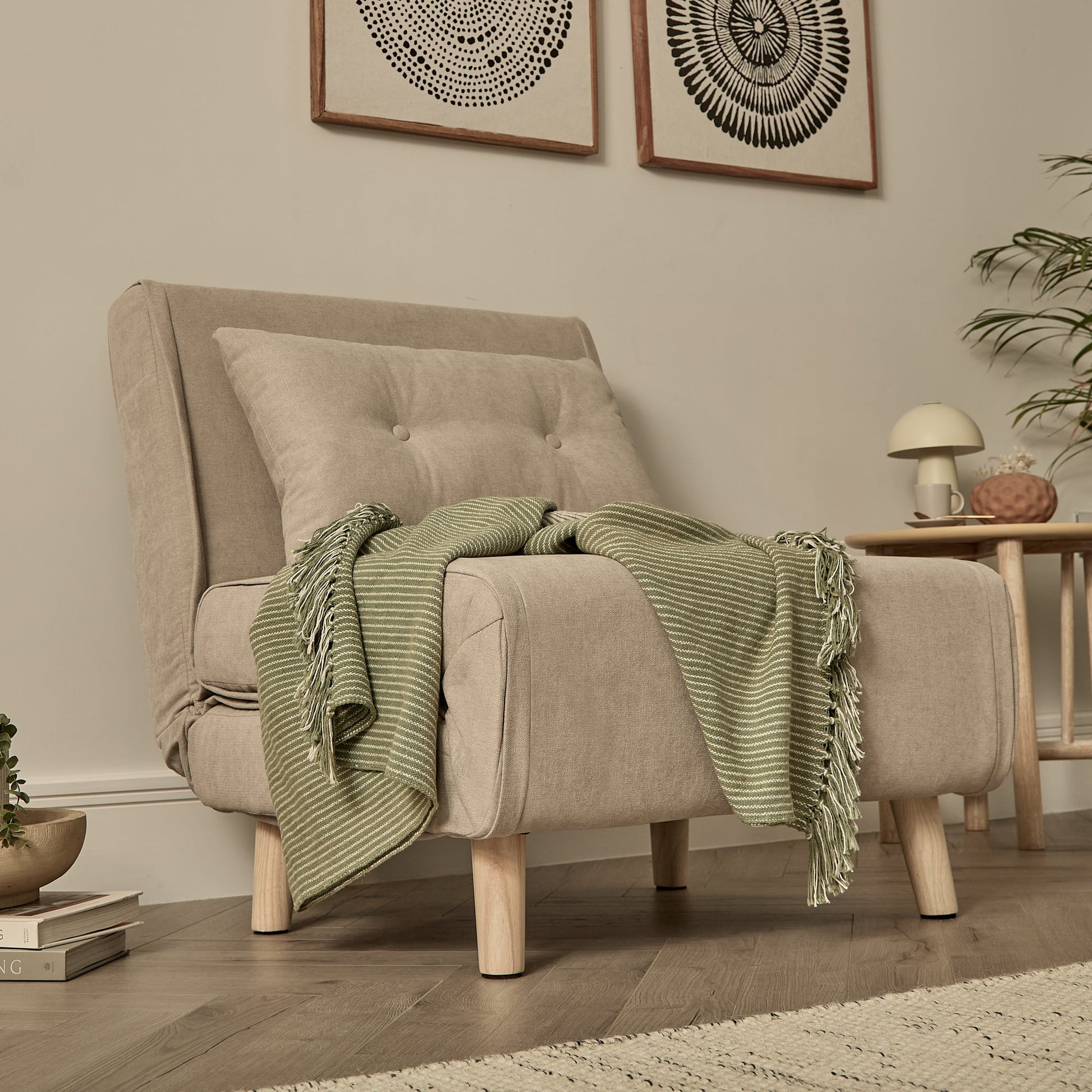 Una Single Sofa Bed -  Soft Beige with Pale Oak Legs - Laura James 