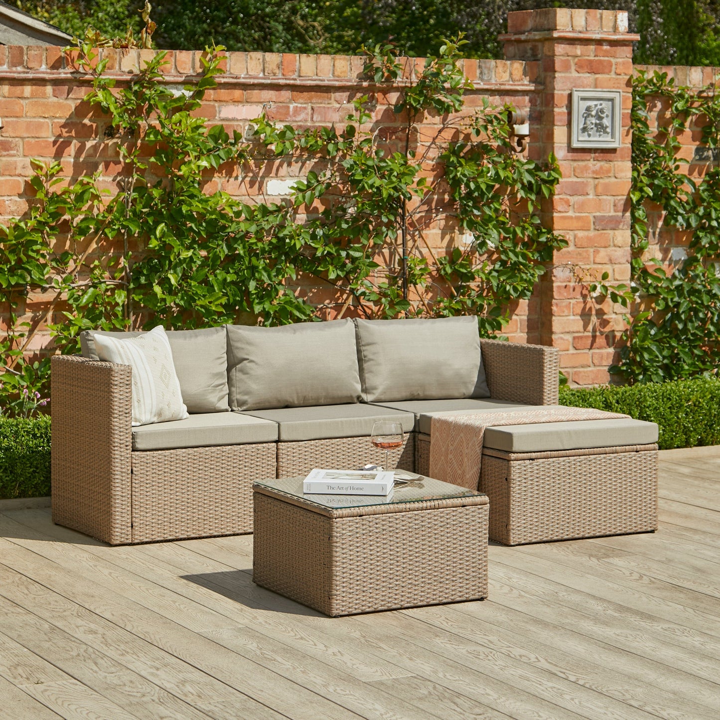 Weston 4 Seater Rattan Garden Corner Sofa Set with Cream LED Premium Parasol - Natural Weave