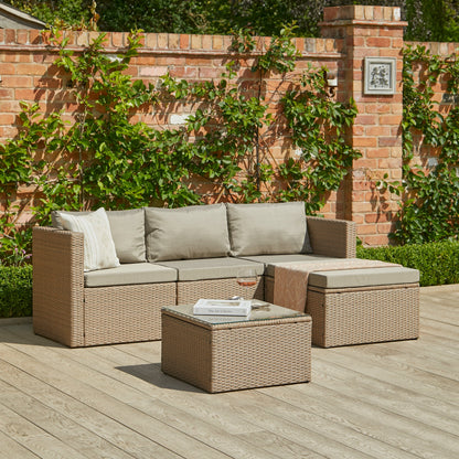 Weston 4 Seater Rattan Garden Corner Sofa Set with Cream LED Premium Parasol - Natural Weave