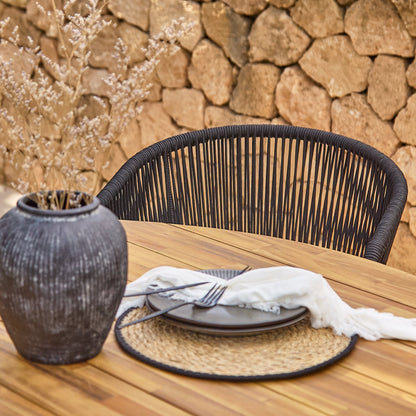 Willow 6 Seater Round Wooden Garden Set with 6 Hali Black Rope Chairs & Round Grey LED Parasol