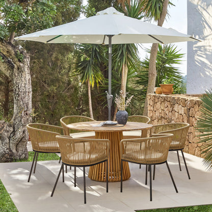 Willow 6 Seater Round Wooden Garden Set with 6 Hali Natural Rope Chairs & Round Cream Parasol