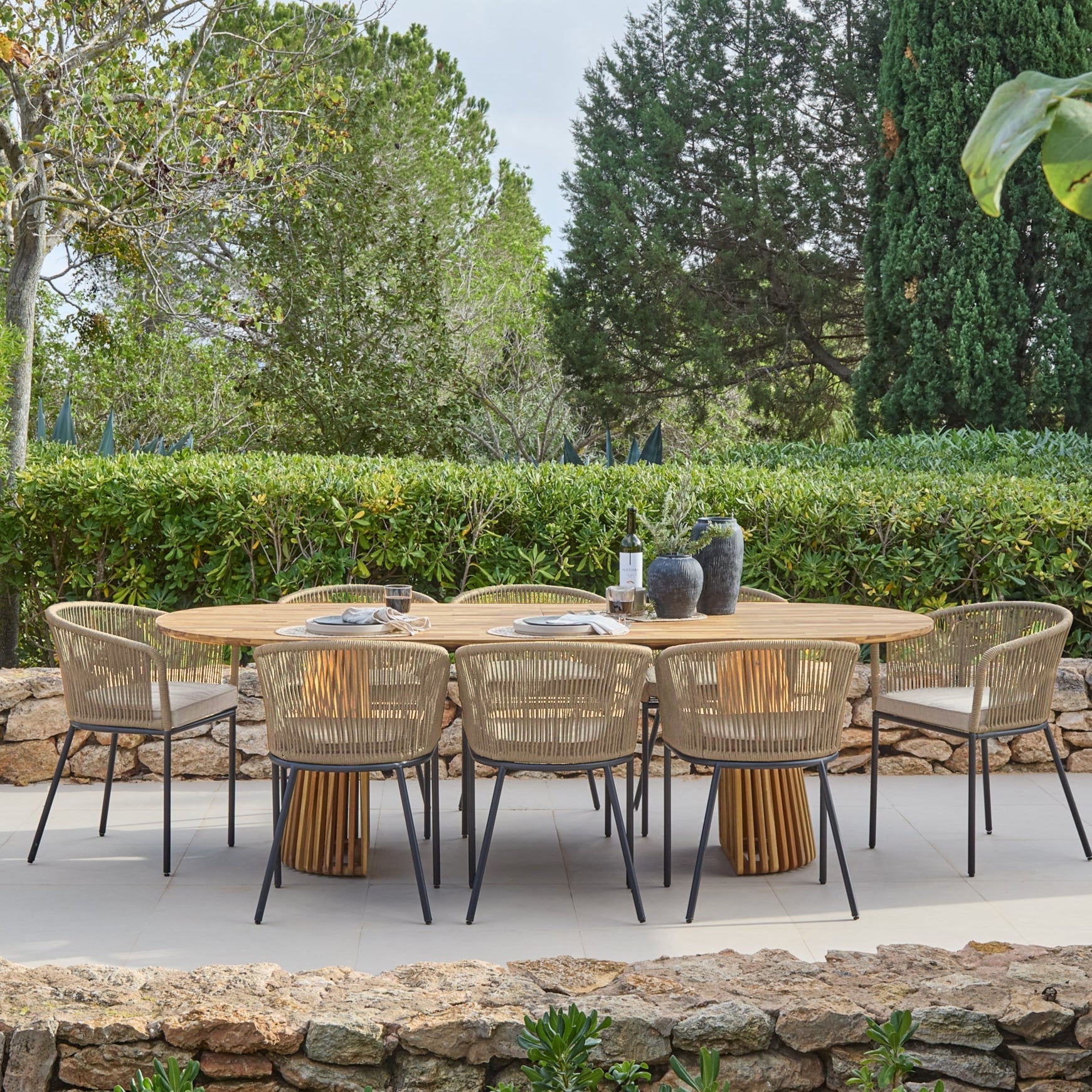 Willow 8 Seater Wooden Garden Dining Set with 8 Hali Natural Rope Chairs - Laura James 