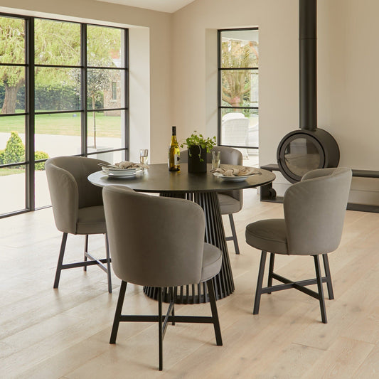 Willow Black Round Dining Table Set - 4 Seater - Jacob Grey Dining Chairs