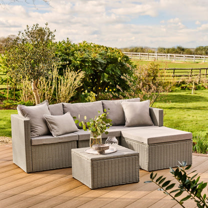 Weston 3 Seater Rattan Garden Corner Sofa Set - Light Grey with Stone Grey Cushions - Laura James
