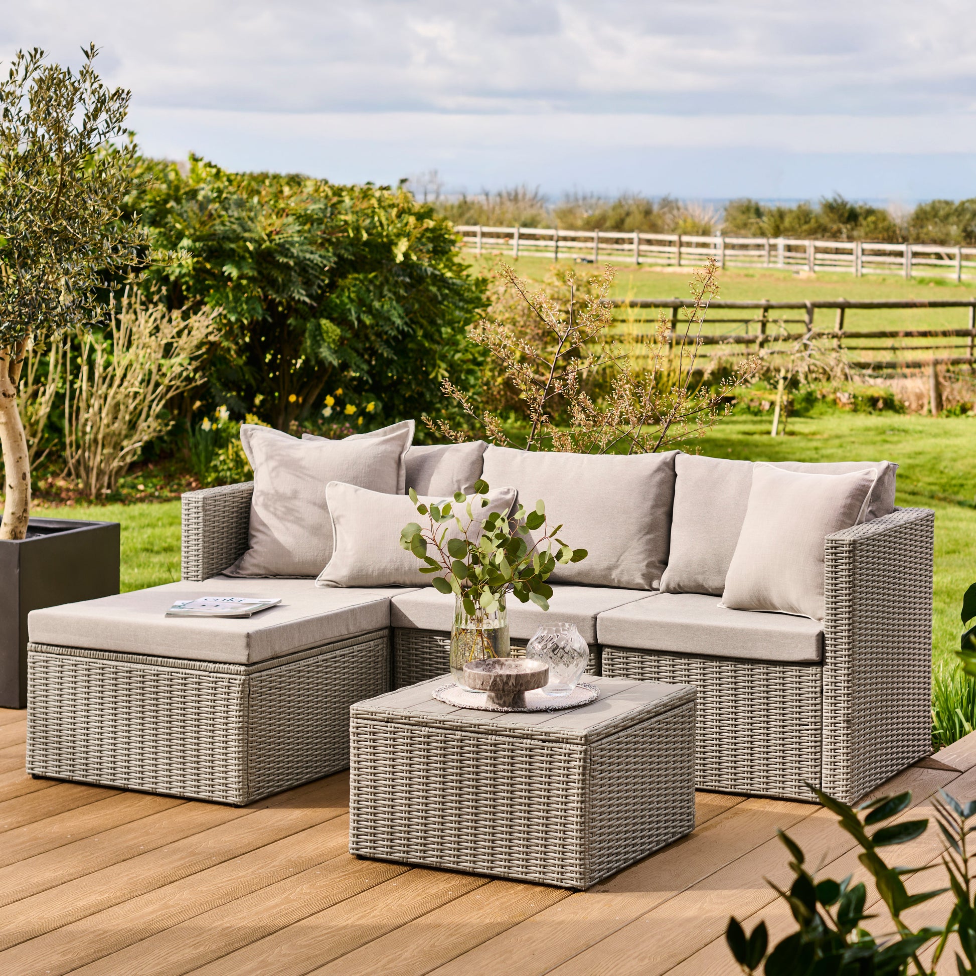 Weston 3 Seater Rattan Garden Corner Sofa Set - Light Grey with Stone Grey Cushions - Laura James