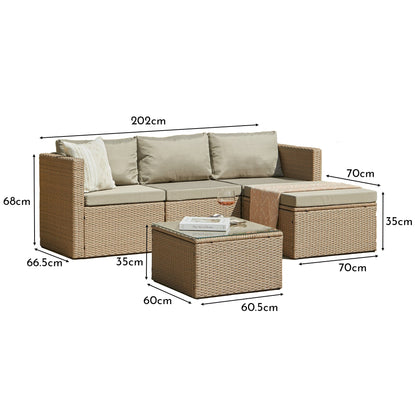 Weston 4 Seater Rattan Garden Corner Sofa Set with Cream Lean Over Parasol - Natural Weave