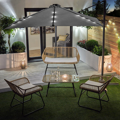 Wick rattan sofa set with grey LED premium parasol – natural