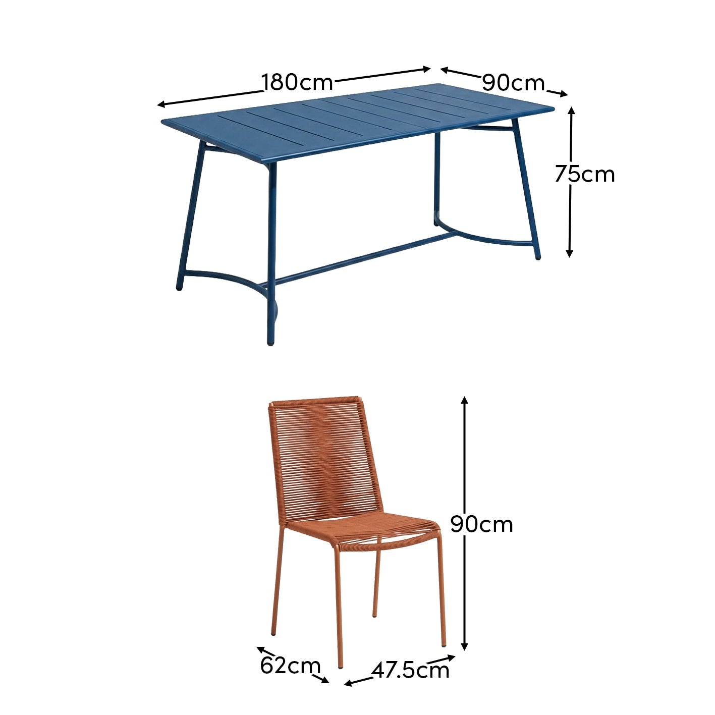 Wilder 6 Seater Blue Garden Dining Set with Ryder Burnt Orange Chairs - Laura James