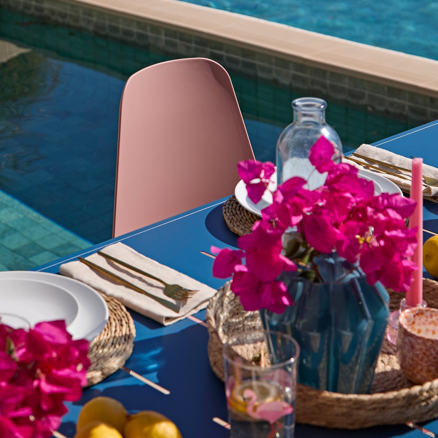 Wilder 6 Seater Blue Dining Table Set with Wren Pink Chairs - Laura James